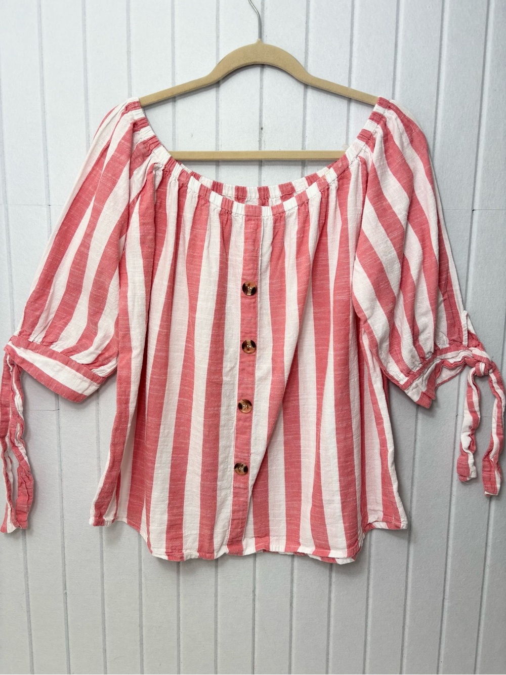 Hollywood & Vine Pink and White Striped‎ Off-Shoulder Button Cotton Blouse 1X